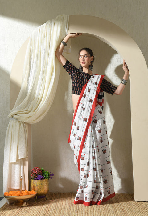 Positivi-tea Block Printed Mul Cotton Saree