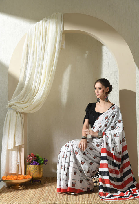 Positivi-tea Block Printed Mul Cotton Saree