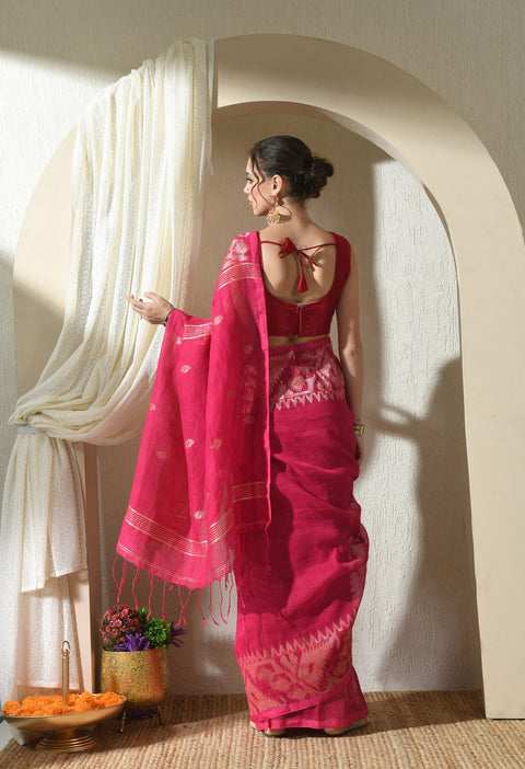 Gulabi Handwoven Pure Linen Jamdani Saree (Magenta Pink)