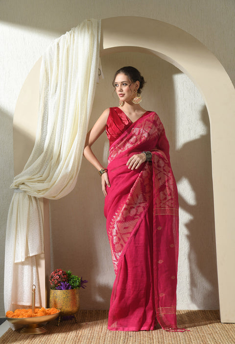 Gulabi Handwoven Pure Linen Jamdani Saree (Magenta Pink)