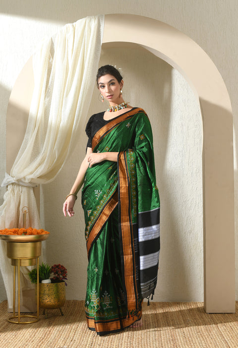 Green Kasuti Embroidered Paithani Border Khunn Saree with Tope Ilkal Pallu