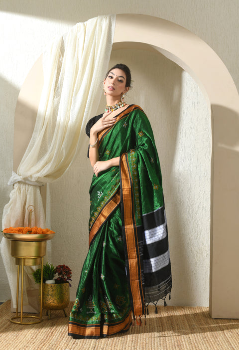 Green Kasuti Embroidered Paithani Border Khunn Saree with Tope Ilkal Pallu