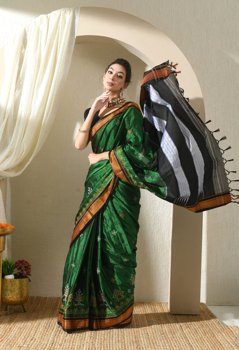 Green Kasuti Embroidered Paithani Border Khunn Saree with Tope Ilkal Pallu