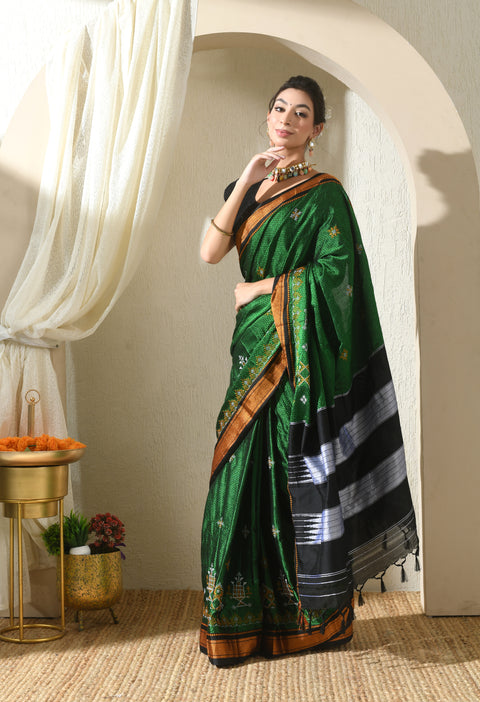 Green Kasuti Embroidered Paithani Border Khunn Saree with Tope Ilkal Pallu