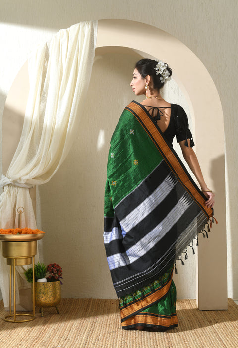 Green Kasuti Embroidered Paithani Border Khunn Saree with Tope Ilkal Pallu