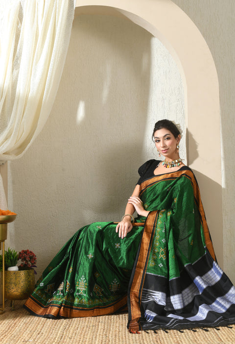 Green Kasuti Embroidered Paithani Border Khunn Saree with Tope Ilkal Pallu