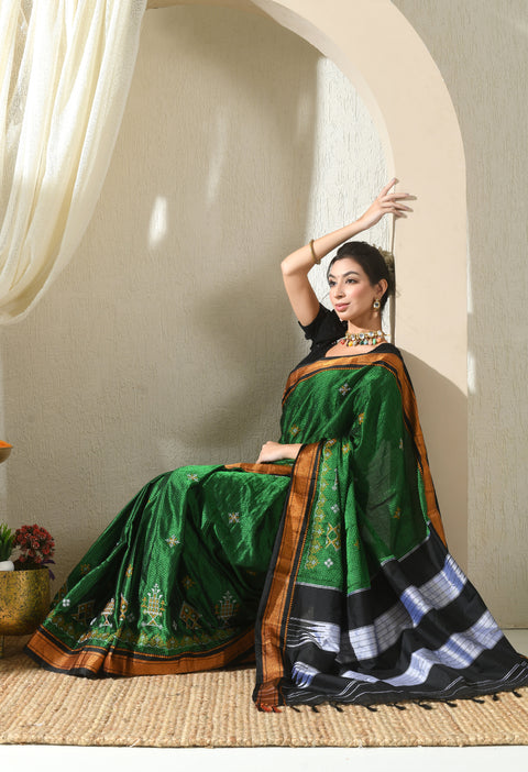 Green Kasuti Embroidered Paithani Border Khunn Saree with Tope Ilkal Pallu