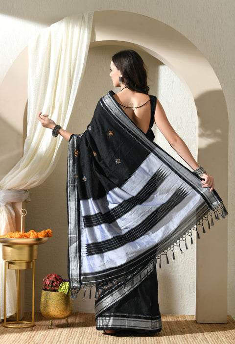 Black Kasuti Embroidered Paithani Border Khunn Saree with Tope Ilkal Pallu