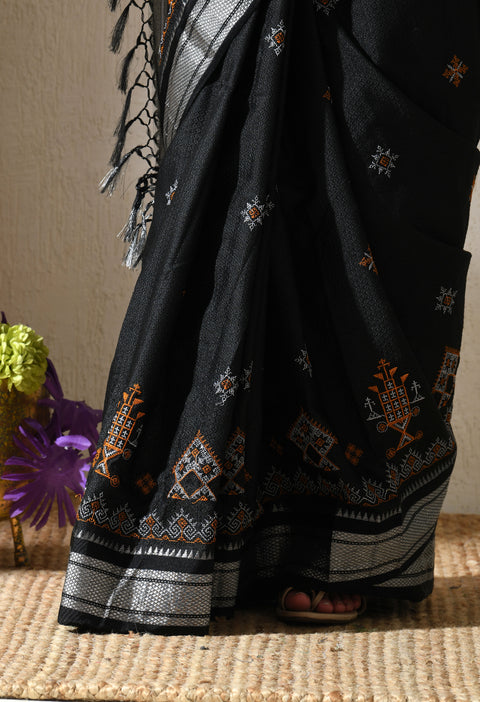 Black Kasuti Embroidered Paithani Border Khunn Saree with Tope Ilkal Pallu