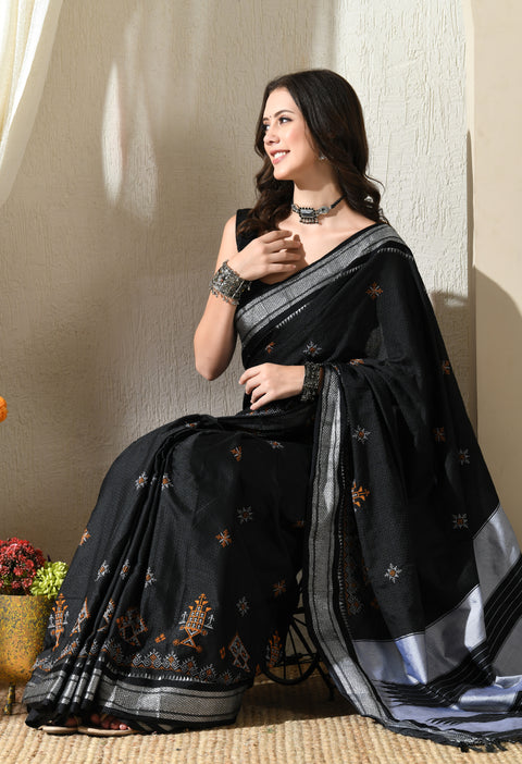 Black Kasuti Embroidered Paithani Border Khunn Saree with Tope Ilkal Pallu