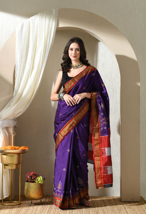 Purple Kasuti Embroidered Paithani Border Khunn Saree with Tope Ilkal Pallu