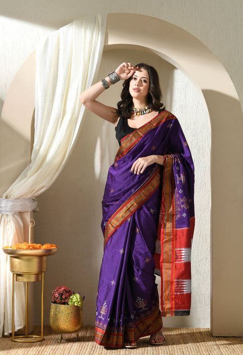 Purple Kasuti Embroidered Paithani Border Khunn Saree with Tope Ilkal Pallu