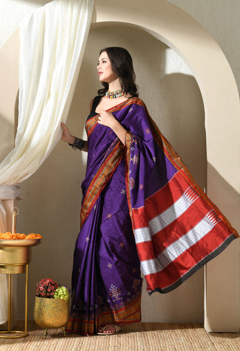 Purple Kasuti Embroidered Paithani Border Khunn Saree with Tope Ilkal Pallu