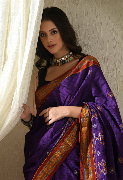 Purple Kasuti Embroidered Paithani Border Khunn Saree with Tope Ilkal Pallu