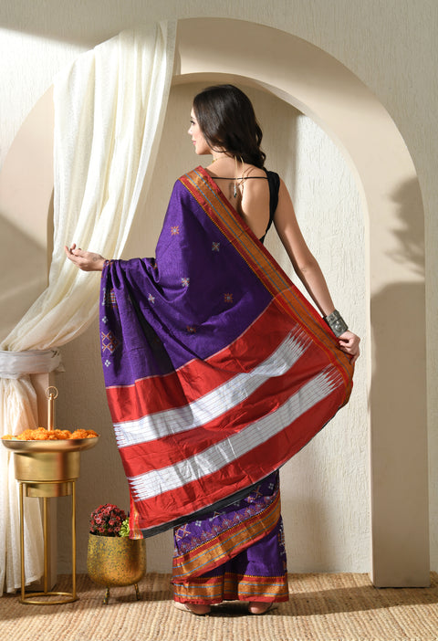 Purple Kasuti Embroidered Paithani Border Khunn Saree with Tope Ilkal Pallu