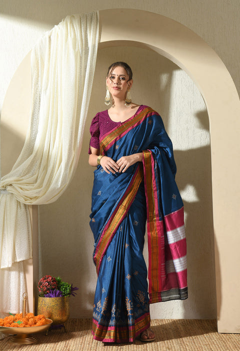 Cobalt Blue Kasuti Embroidered Paithani Border Khunn Saree with Tope Ilkal Pallu