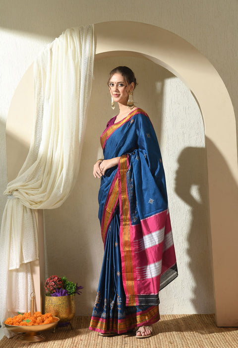 Cobalt Blue Kasuti Embroidered Paithani Border Khunn Saree with Tope Ilkal Pallu