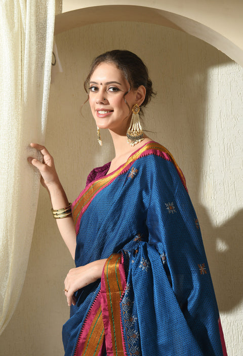 Cobalt Blue Kasuti Embroidered Paithani Border Khunn Saree with Tope Ilkal Pallu