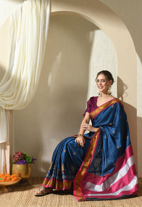 Cobalt Blue Kasuti Embroidered Paithani Border Khunn Saree with Tope Ilkal Pallu