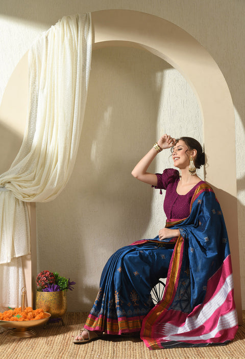 Cobalt Blue Kasuti Embroidered Paithani Border Khunn Saree with Tope Ilkal Pallu