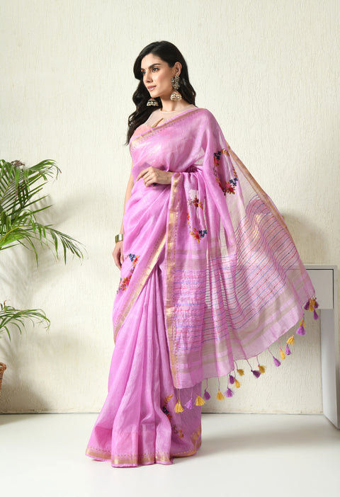 Falsa Sharbat Pure Handwoven Silk Linen Saree with Hand Embroidery