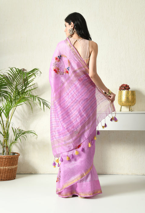 Falsa Sharbat Pure Handwoven Silk Linen Saree with Hand Embroidery