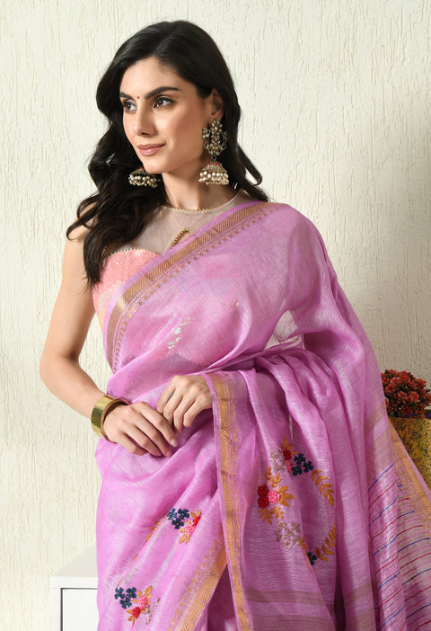 Falsa Sharbat Pure Handwoven Silk Linen Saree with Hand Embroidery