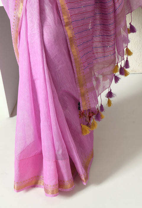 Falsa Sharbat Pure Handwoven Silk Linen Saree with Hand Embroidery