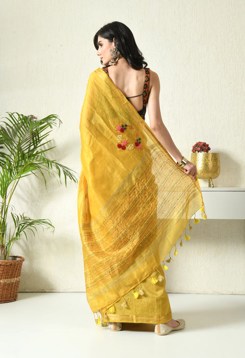 Aamras Yellow Pure Handwoven Silk Linen Saree with Hand Embroidery