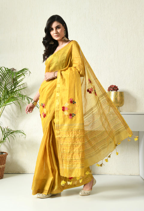 Aamras Yellow Pure Handwoven Silk Linen Saree with Hand Embroidery