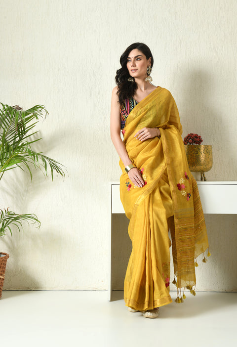 Aamras Yellow Pure Handwoven Silk Linen Saree with Hand Embroidery