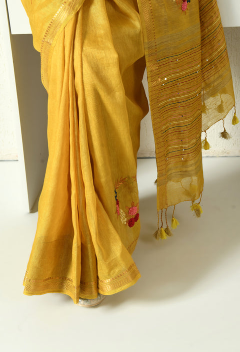 Aamras Yellow Pure Handwoven Silk Linen Saree with Hand Embroidery