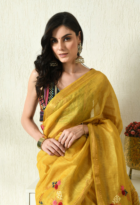 Aamras Yellow Pure Handwoven Silk Linen Saree with Hand Embroidery