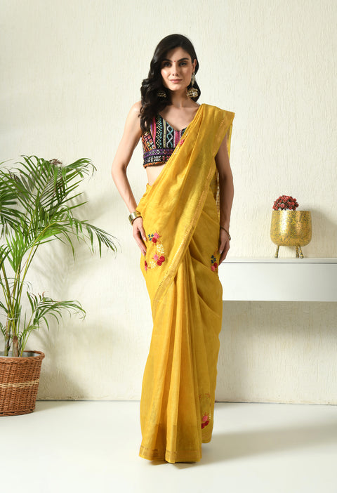 Aamras Yellow Pure Handwoven Silk Linen Saree with Hand Embroidery