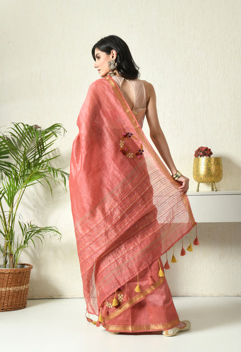 Bel Panna Pure Handwoven Silk Linen Saree with Hand Embroidery