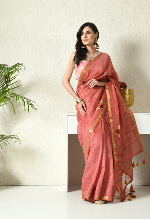 Bel Panna Pure Handwoven Silk Linen Saree with Hand Embroidery