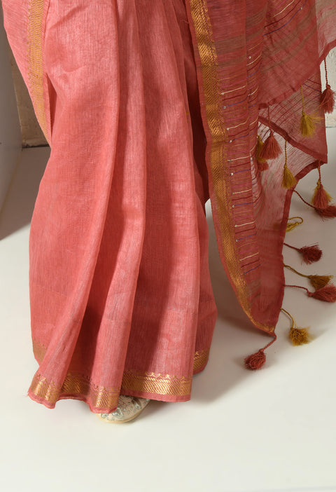 Bel Panna Pure Handwoven Silk Linen Saree with Hand Embroidery