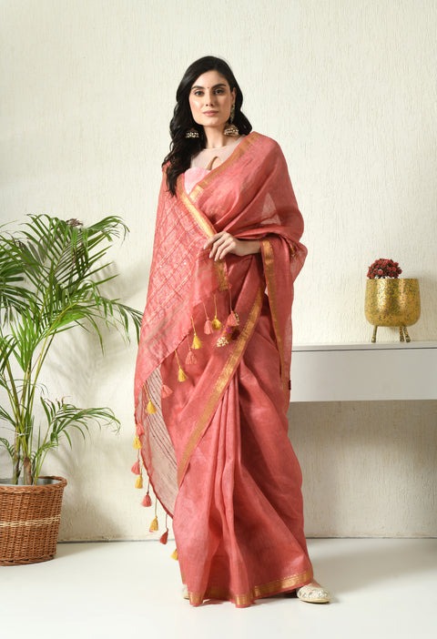 Bel Panna Pure Handwoven Silk Linen Saree with Hand Embroidery