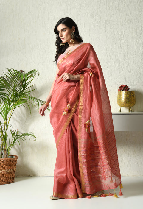 Bel Panna Pure Handwoven Silk Linen Saree with Hand Embroidery
