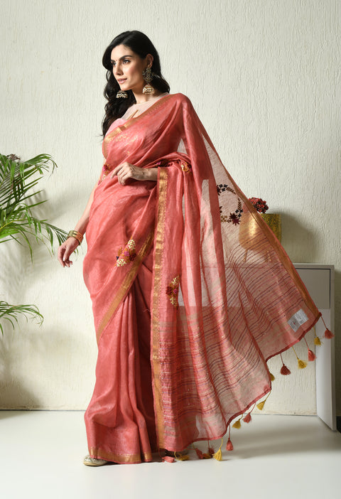 Bel Panna Pure Handwoven Silk Linen Saree with Hand Embroidery