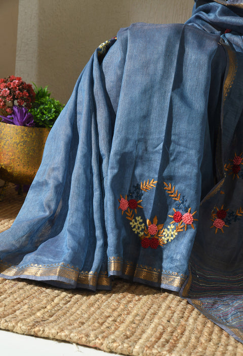 Blue Lagoon Pure Handwoven Silk Linen Saree with Hand Embroidery