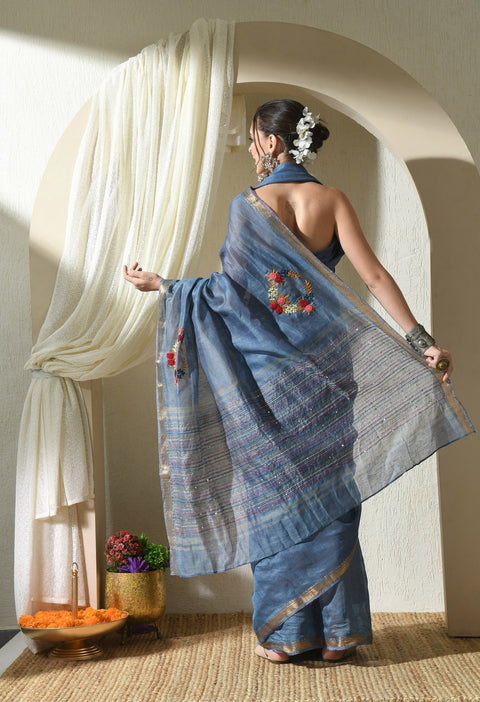 Blue Lagoon Pure Handwoven Silk Linen Saree with Hand Embroidery