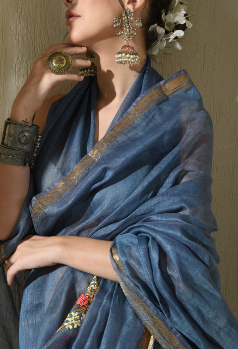 Blue Lagoon Pure Handwoven Silk Linen Saree with Hand Embroidery