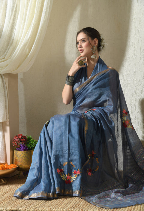 Blue Lagoon Pure Handwoven Silk Linen Saree with Hand Embroidery