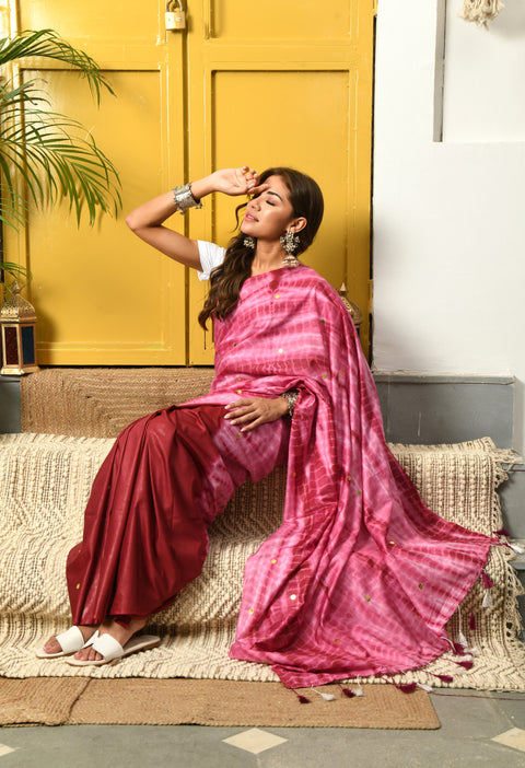 Adrika Maroon Semi Silk Shibori Saree with Sequins