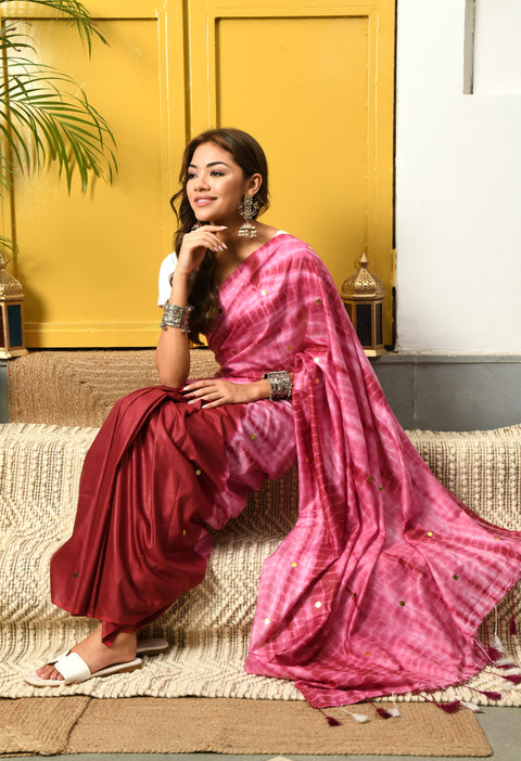 Adrika Maroon Semi Silk Shibori Saree with Sequins