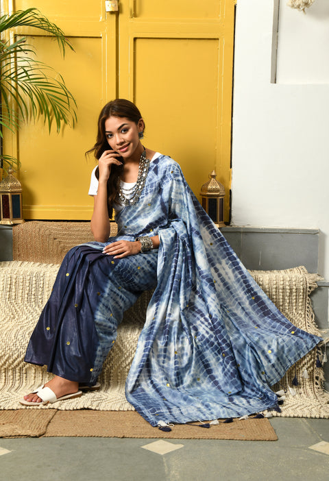 Barka Blue Semi Silk Shibori Saree with Sequins