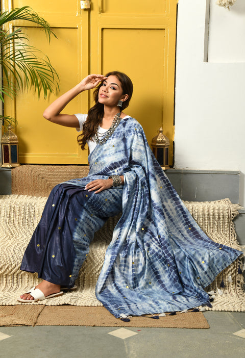 Barka Blue Semi Silk Shibori Saree with Sequins