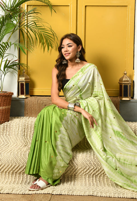 Aisha Green Semi Silk Shibori Saree with Sequins