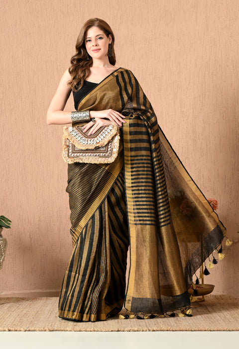 Handwoven Pure Linen Saree with Copper Zari/Tissue Stripe - Black